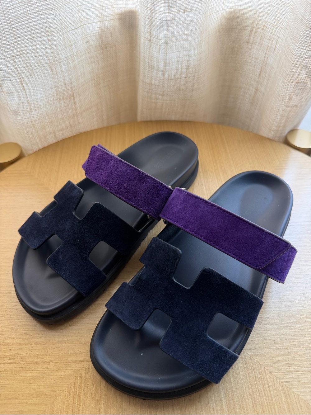 Hermes Chypre Navy and Purple Suede Slide Sandals